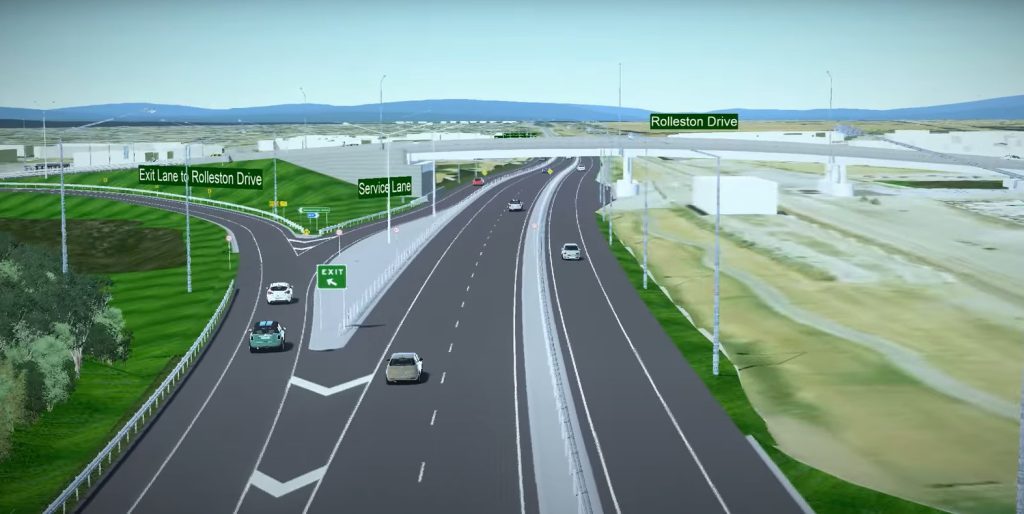 Screenshot from NZTA video showing s how the new bridge will look from State Highway 1 heading south, noting the new exit lane from State Highway 1 onto Rolleston Drive